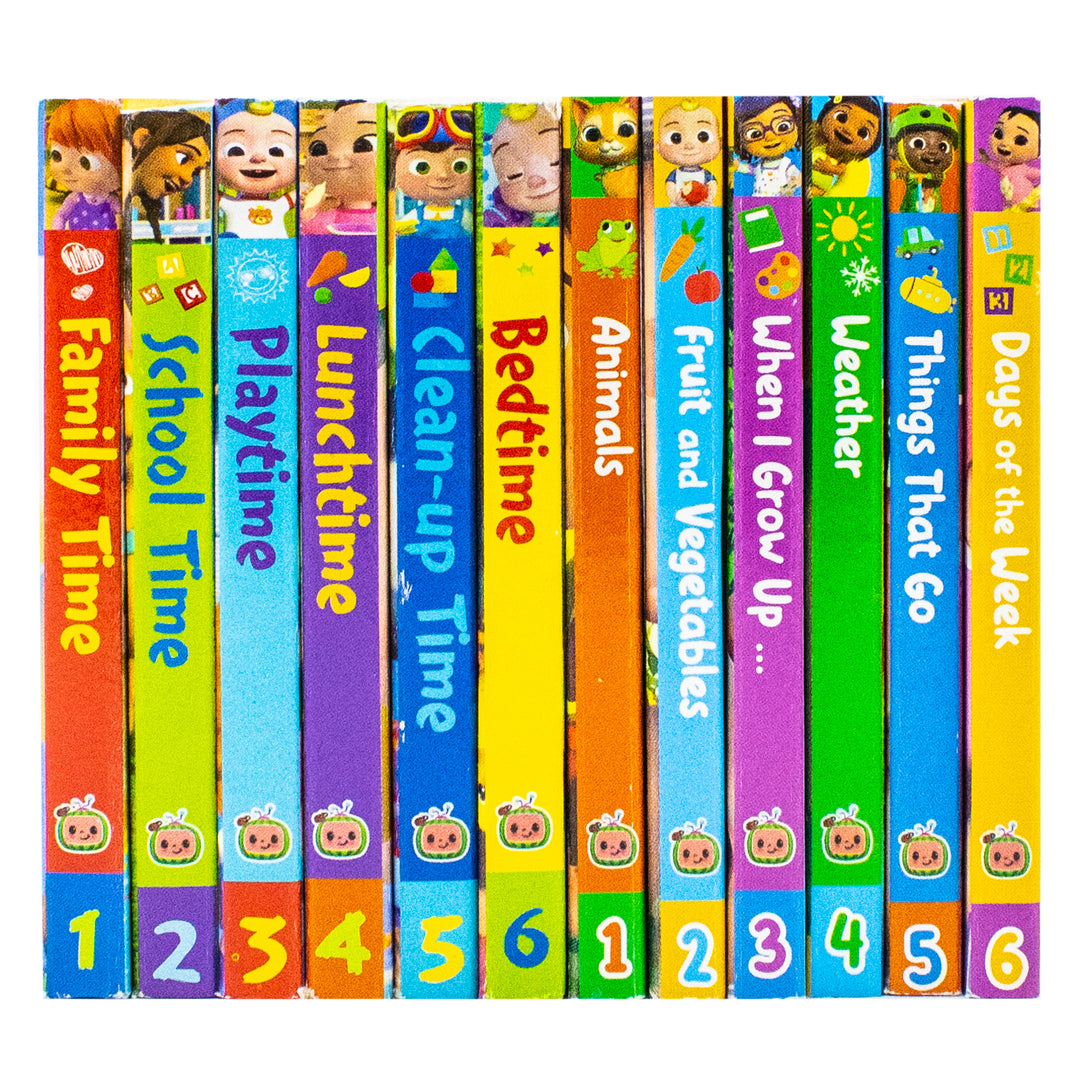 Cocomelon Little Learners Pocket Library 12 Board Books Collection Set (Animals, Fruit And Vegetables, Weather, Days of the Week, Family Time and More)