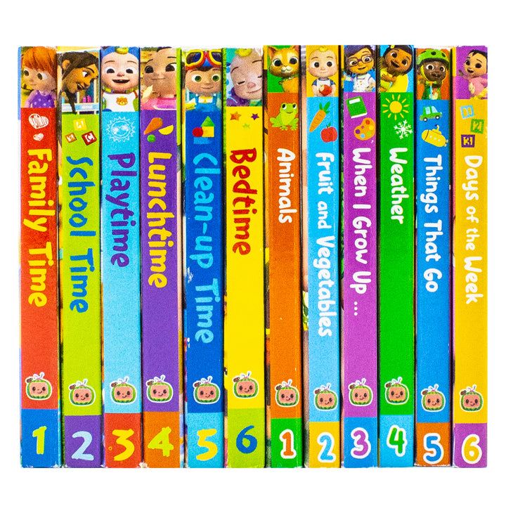 Cocomelon Little Learners Pocket Library 12 Board Books Collection Set (Animals, Fruit And Vegetables, Weather, Days of the Week, Family Time and More)