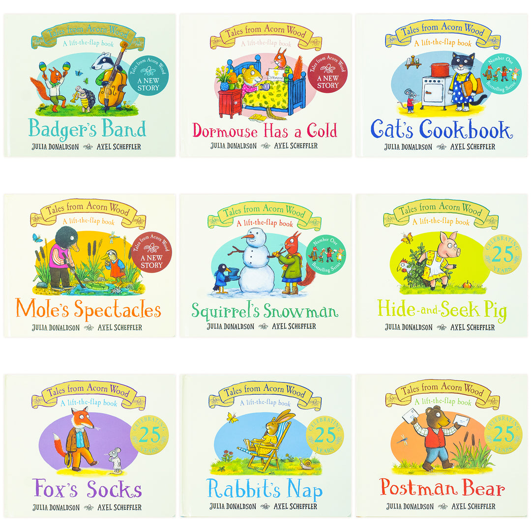 Julia Donaldson Tales From Acorn Wood Series Collection 9 Books Set (Fox's Socks, Hide-and-seek Pig, Postman Bear,Rabbit's Nap,Cat's Cookbook, Squirrel's Snowman, Mole's Spectacles and Badger's Band)
