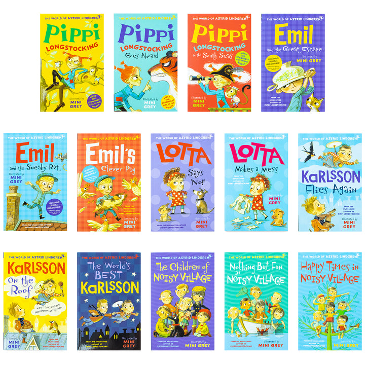 Astrid Lindgren Collection 14 Books Set (The Children of Noisy Village, Happy Times,Nothing but Fun, The World's Best Karlsson,Flies Again,on the Roof,Pippi Longstocking,Emil's Clever Pig & More)