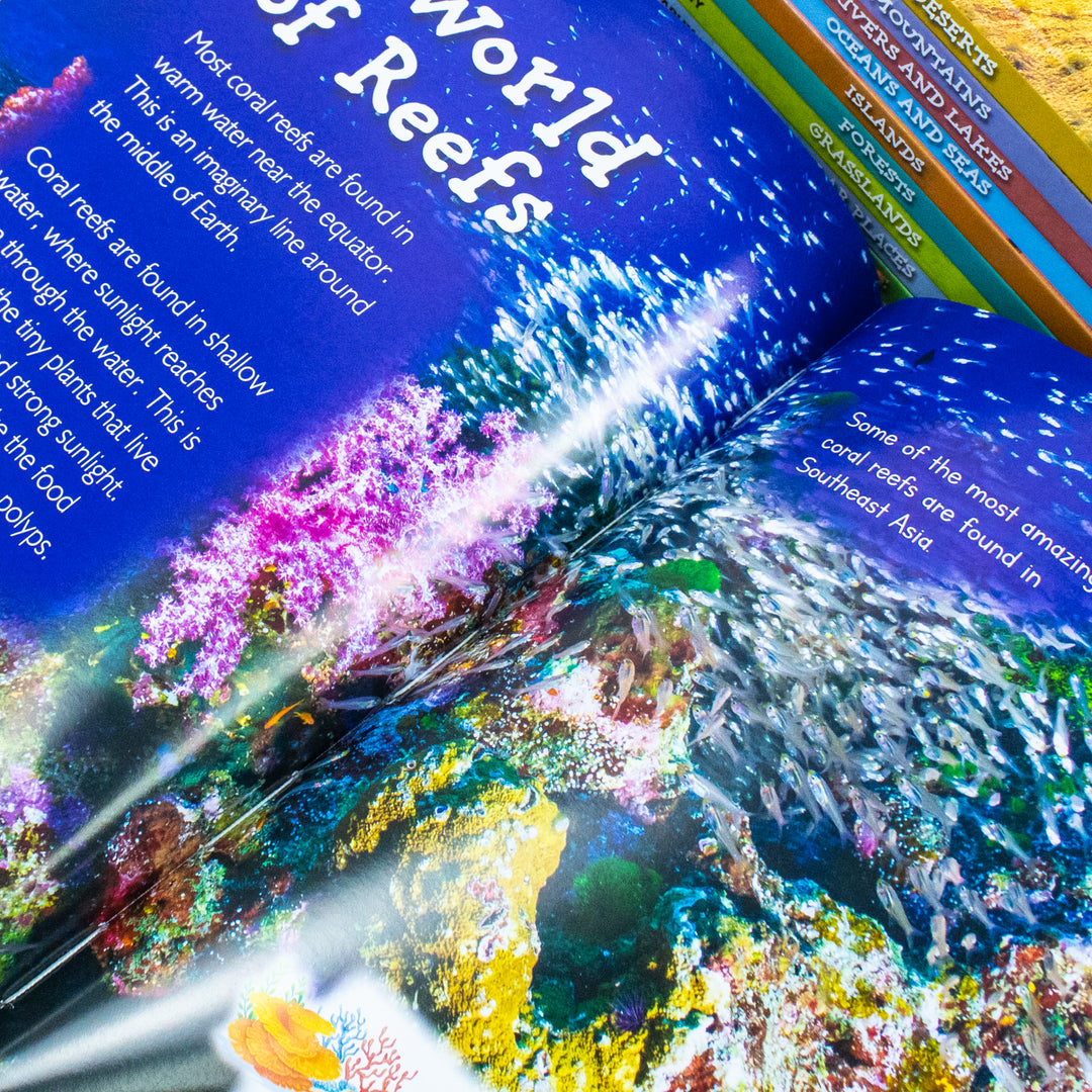 Childrens Introduction To Geography For Beginners 10 Hardback Book Collection Set:: (Coral Reefs, Deserts, Forests, Grasslands, Islands, Mountains, ... Polar Places, Rainforests, Rivers and Lakes)