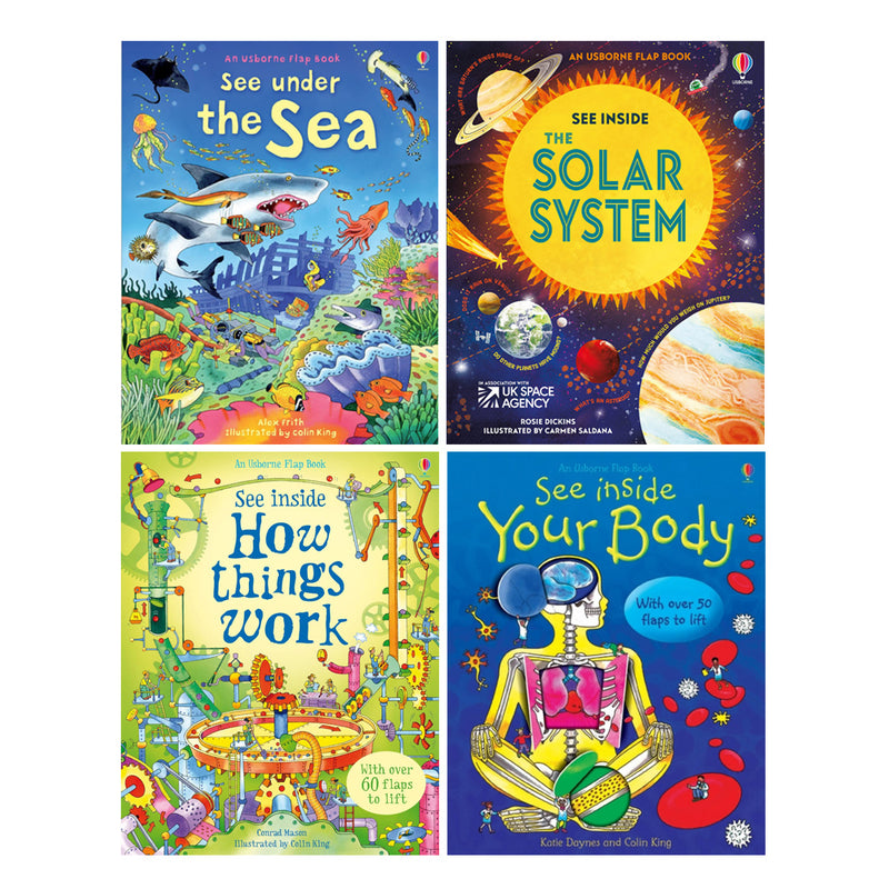 An Usborne Flap Book Sea Inside Series 4 Books Set Collection ( Sea, Solar System, Your Body, How things work)