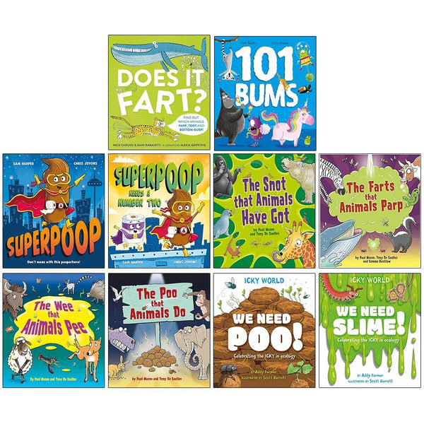 Superpoop 10 Picture Books Collection Set ( We Need Slime, We Need Poo, Poo That Animal, Wee That Animal, Farts That Animals, Snot That Animals, Superpoop Needs, Superpoop, 101 Bums, Does it Fart)