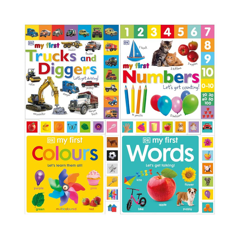 My First Tabbed Series 4 Book Set By DK (Trucks and Diggers, Numbers, Words, Colours)