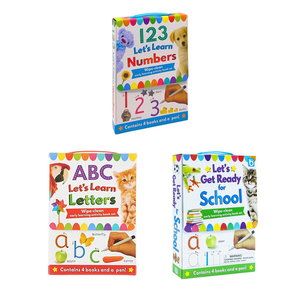 ABC, 123 Let's learn & Let's Get Ready for School 12 Books Set Collection inc Wipe Clean Pages and Pen