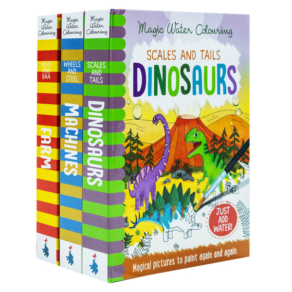 Magic Water Colouring Activity Collection 3 Book Set By Jenny Copper( Wheel & Steel Machines, Farm, Dinosaurs)