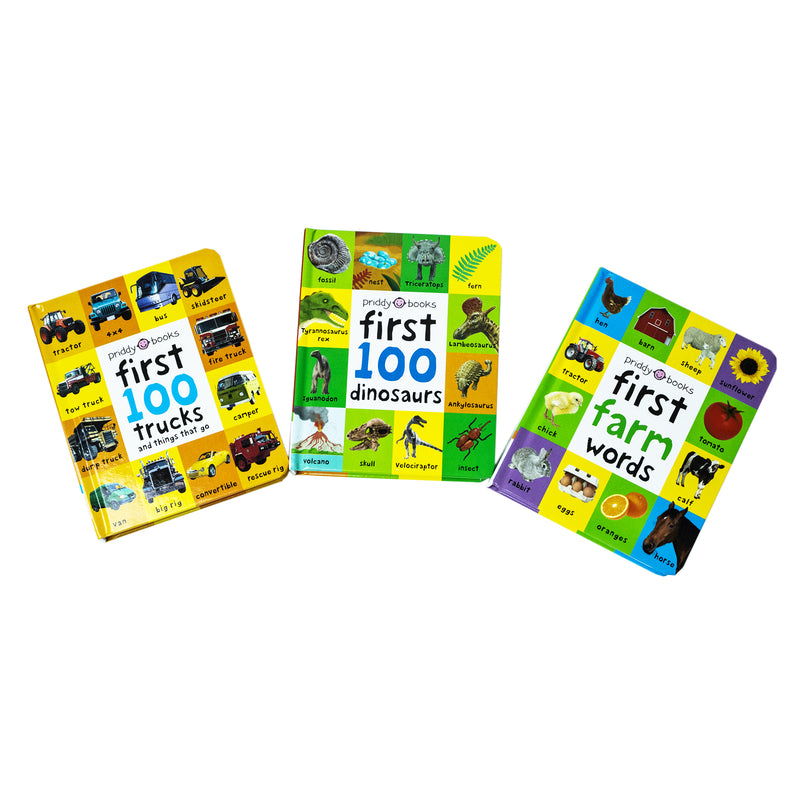 First 100 series 3 Books by Roger Priddy (Trucks, Dinosaurs & First Farm Words) Children Collection Box Set