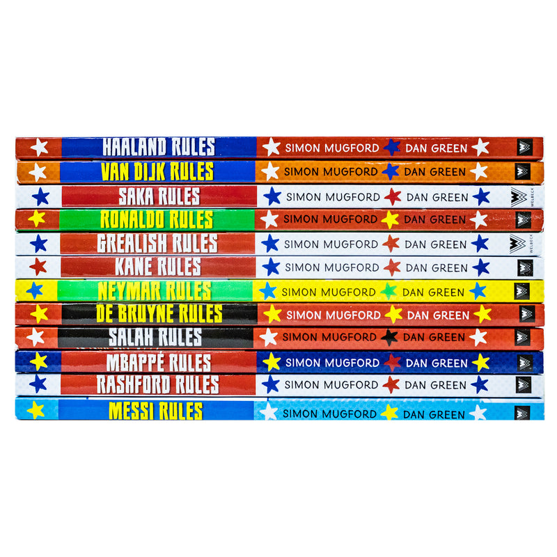 Football Superstars 12 Books Collection Rules Mega Pack Set By Simon Mugford & Dan Green(Fact,Stories & Starts)(Rolando, Neymar, Messi, Kane, Mbappé, Rashford, Haaland, Salah, De Bruyne & More)