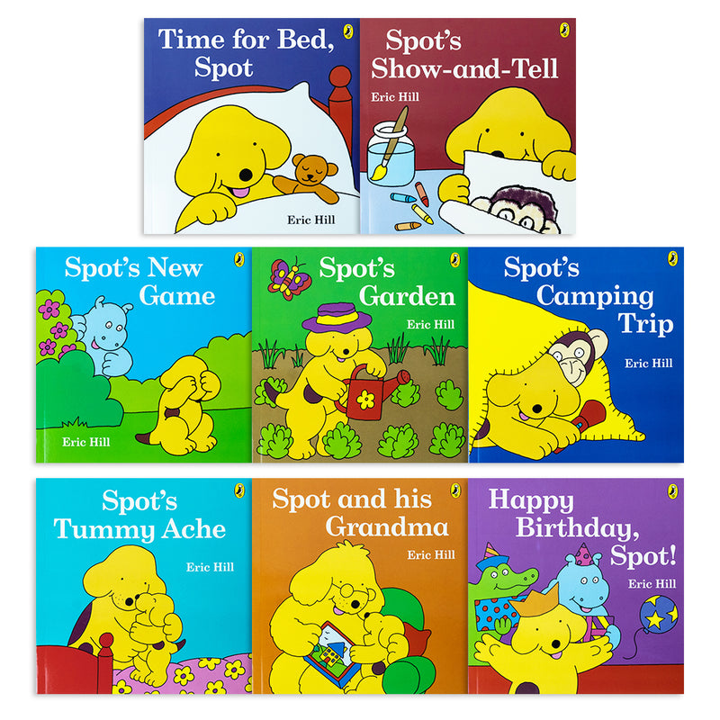 Read With Spot Collection 8 Book Set By Eric Hill ( Time for Bed, Show and Tell, New Game, Garden, Camping Trip, Tummy Ache, And  his Grandma, Birthday Spot)