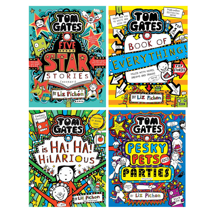 Tom Gates Series (Book 21-24) by Liz Pichon 4 Books Collection Set (Tom Gates: Pesky Pets and Parties, Five Star Stories, Book of Everything and Ha! Ha! Hilarious)