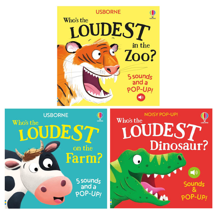 Usborne Who's the Loudest? 3 Books Collection Set by Sam Taplin – Zoo, Dinosaur & Farm | Interactive Animal Sound Board Books