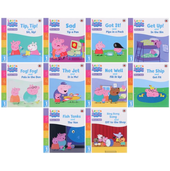Learn with Peppa Phonics Level 1 and 2 Collection 20 Books Set By Peppa Pig (Tip Tip and Sit Sip, Sad and Tip a Pan, Got It! and Pips in a Pack, Ten Tickets, Fun at the Pool and More)