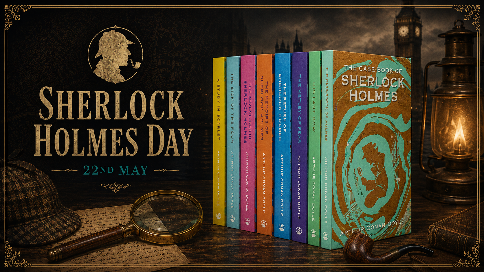 Sherlock Holmes Day promotional banner featuring a vintage Victorian detective theme with ornate gold detailing, a magnifying glass, deerstalker hat, lantern and colourful Sherlock Holmes hardback books by Arthur Conan Doyle against a moody London skyline with Big Ben.