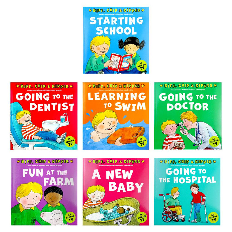 First Experiences with Biff, Chip & Kipper 8 Books Collection Set (Learning to Swim, Going to the Dentist, Going on a Plane, Starting School, Going to the Hospital, Going to the Doctor & More