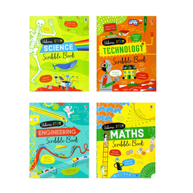 Usborne Stem Series 4 Books Collection Set - Science Scribble Book, Technology Scribble Book