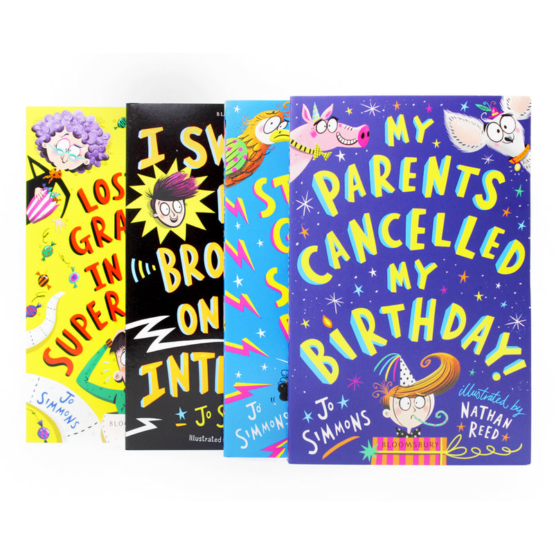 Jo Simmons Collection 4 book Set(I Swapped My Brother On The Internet, My Parents Cancelled My Birthday, I Stole My Genius Sister's Brain, I lost My Granny In the Supermarket (Ages 9-14)