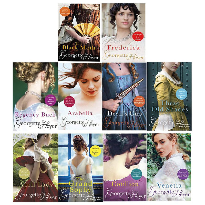 Photo of Georgette Heyer 10 Books Collection Set Covers on a White Background
