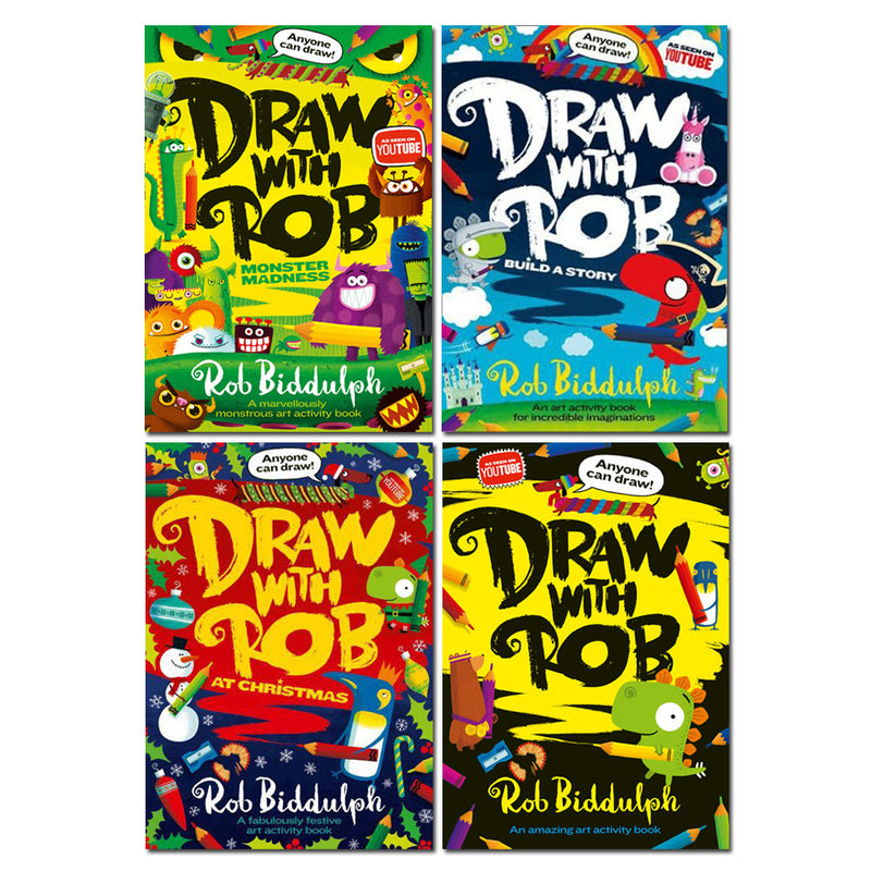 Rob Biddulph 4 book Set Collection Draw with Rob, At Christmas, Build a Story, Monster Madness