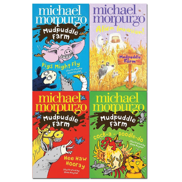 Mudpuddle Farm Series Collection 4 Book Set By Michael Morpurgo(Pigs might fly!, Alien invasion!, Hee-haw hooray!, Cock-a-doodle-do!)