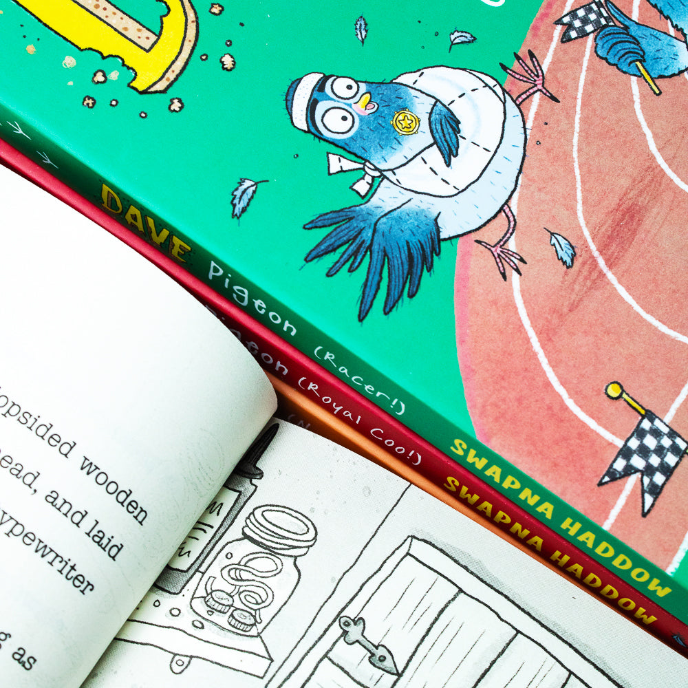 Dave Pigeon 4 Books Set by Swapna Haddow – Children’s Books, Humorous Adventure, Funny Stories, Pigeons, Racer, Royal Coo, Illustrated Kids Fiction