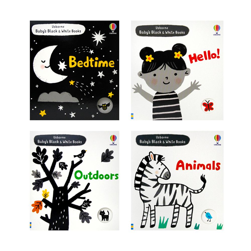 Usborne Baby's Very First Black & White 4-Book Set | Baby Books for Early Learning – Animals, Bedtime, Outdoors, Hello | Board Books for Infants