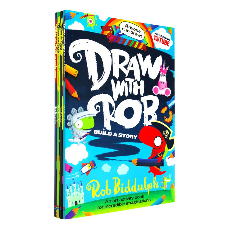 Rob Biddulph 4 book Set Collection Draw with Rob, At Christmas, Build a Story, Monster Madness