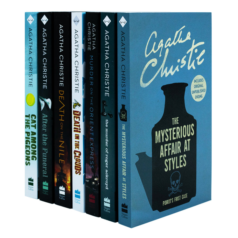 Agatha Christie Poirot 7 Book Collection (Murder on the Orient Express, Death on the Nile, The Mysterious Affair, Death in the Clouds, Cat Among, The Murder Roger, After the Funeral)