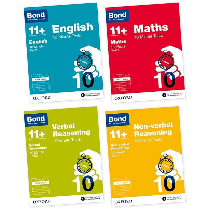 Bond 11+ Maths, English & More 4 paperback Book Set – Ages 10-11 | Practice & 10-Minute Tests for School Curriculum & Exam Success | Oxford Education