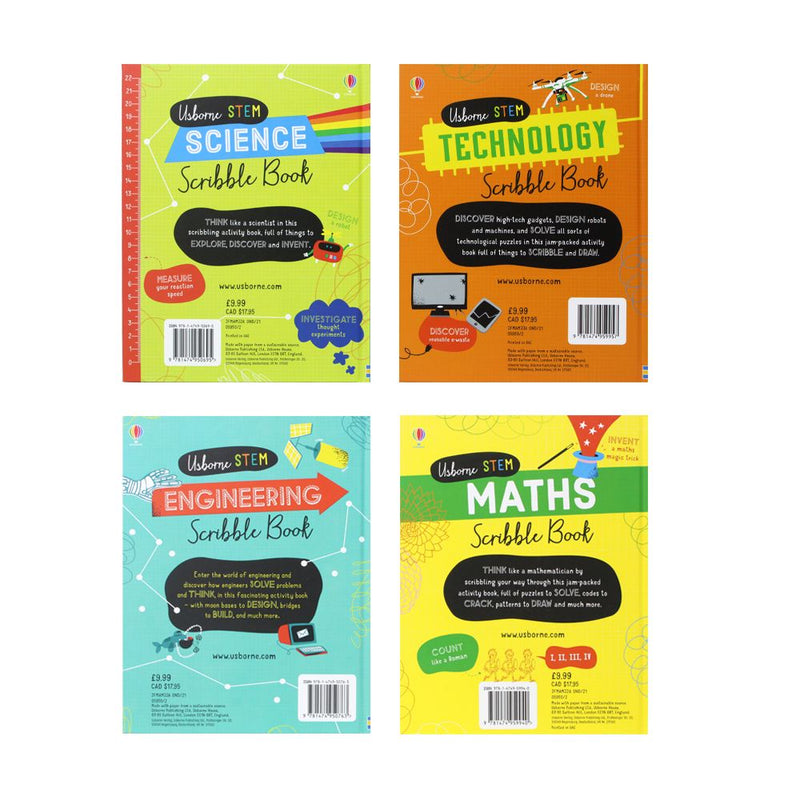 Usborne Stem Series 4 Books Collection Set - Science Scribble Book, Technology Scribble Book