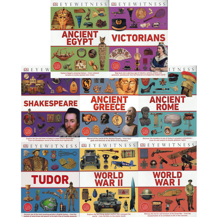 DK Eyewitness Collection 8 Book Set – Ancient Egypt, Rome, Greece, Tudor, World Wars, Victorians, Shakespeare – Educational Kids History Books Series
