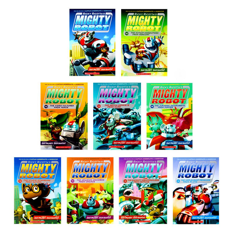 Ricky Ricotta Mighty Robot Collection 9 Books Set By Dav Pilkey (Ricky Ricotta's Mighty Robot, The Mutant Mosquitoes from Mercury, The Video Vultures from Venus, the Mecha-Monkeys from Mars & More)