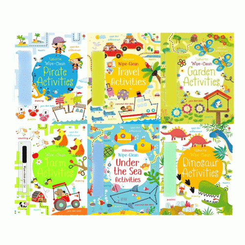 Usborne Wipe Clean 6 Books Set Collection Farm Activities, Dinosaur Activities